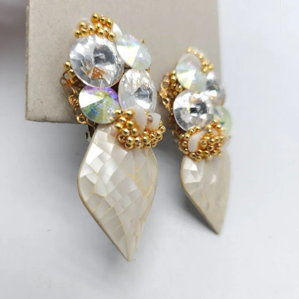 Vintage 1980s Gold Tone Clip On Earrings With Crystal Mother-Of-Pearl Beads